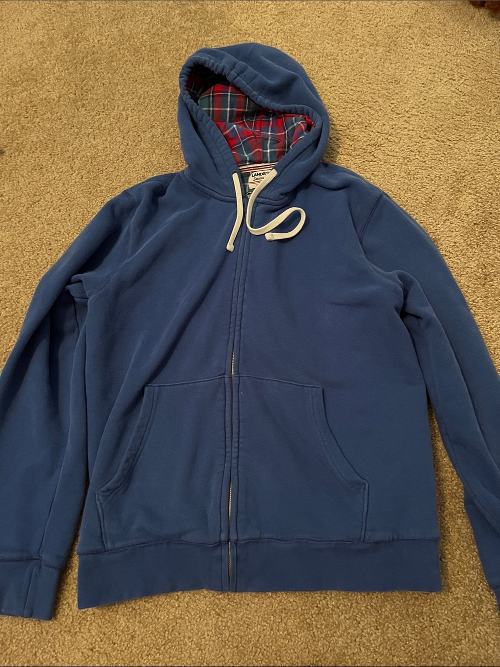 Lands' End Men's Navy Zip-Up Hoodie with Plaid-Lined Hood